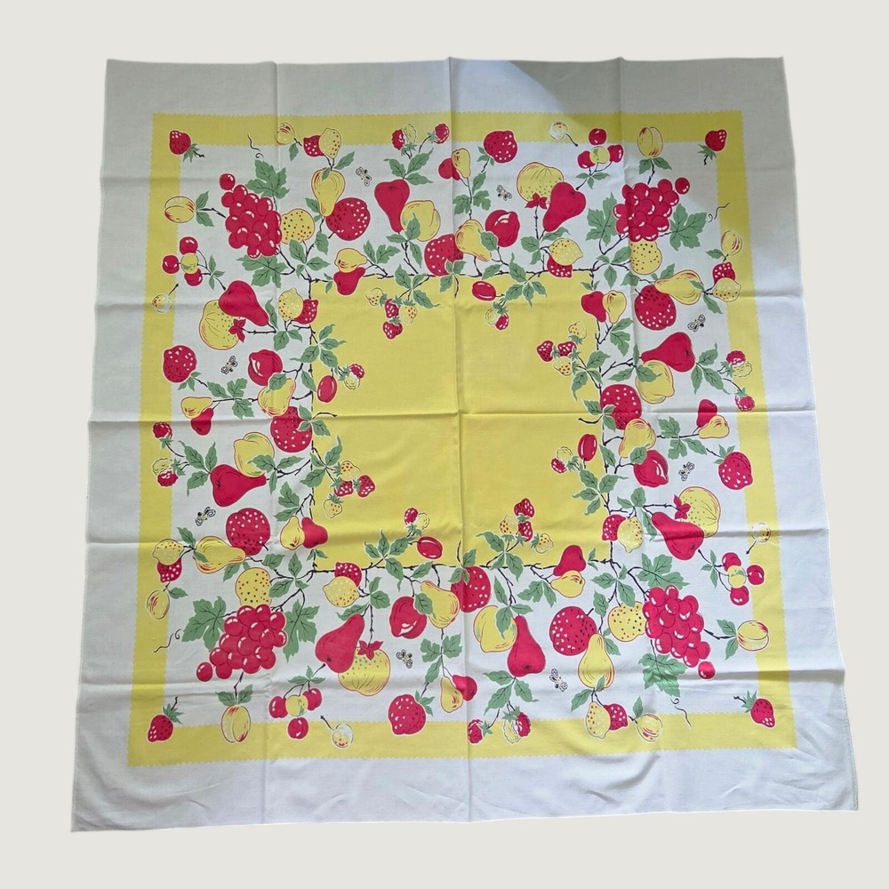 Vintage Mid Century Fruit Berry Tablecloth Yellow Red White Rectangle 50x46